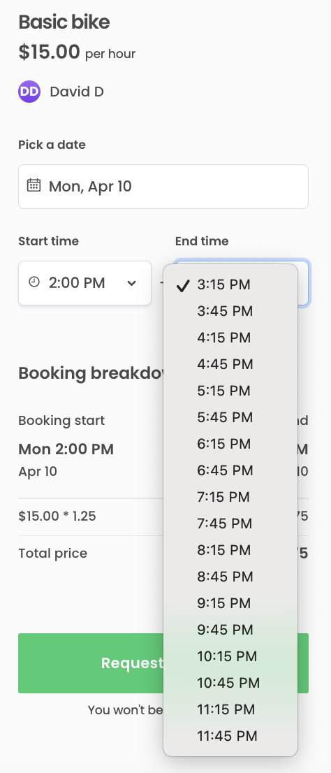 Booking end options for different first slot