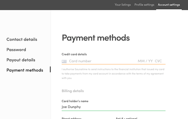 Payment methods page